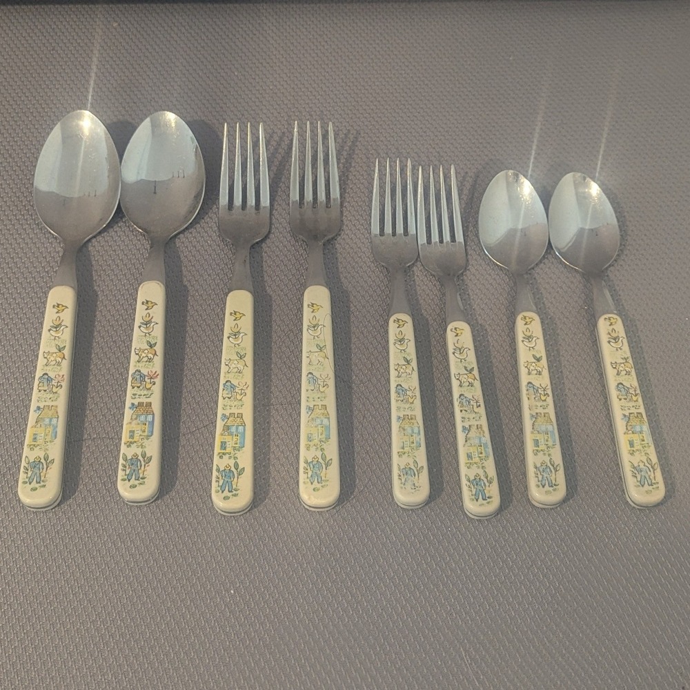 VTG Farm Country Scene Flatware Set Stainless Steel 8pc Serves 2 Thailand